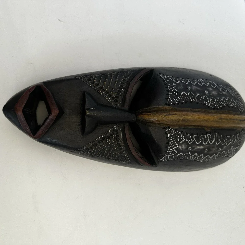 Hand Carved Ghanaian Elongated Face Mask Sese Wood Aluminum Copper‎ 14 Inches